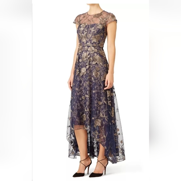 Navy and Gold Floral High Low Dress - Picture 3 of 7